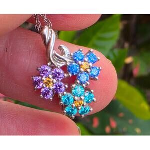 Vintage Sterling Silver & Colorful Cubic Zirconia Flower Necklace, 18" Chain